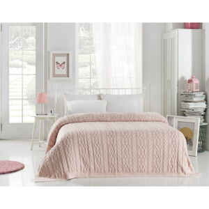 Světle růžový přehoz přes postel Knit, 220 x 240 cm