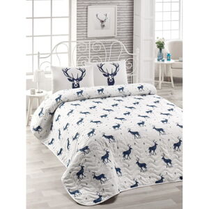Set přehozu přes postel a 2 povlaků na polštář s příměsí bavlny Geyik Dark Blue, 200 x 220 cm