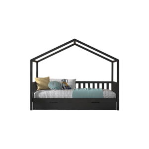 Antracitová domečková dětská postel z borovicového dřeva s výsuvným lůžkem a úložným prostorem 90x200 cm DALLAS – Vipack