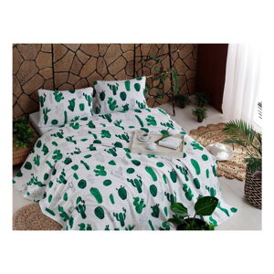 Set bavlněného přehozu přes postel, prostěradla a 2 povlaků na polštář Kaktus Green, 200 x 235 cm